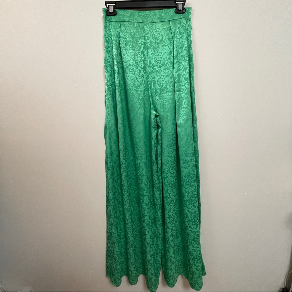 ELEGANT KELLY GREEN Wide Leg Satin Floral Formal Statement Trousers Size 6 Funky